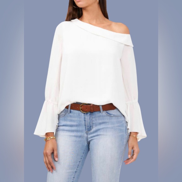 Vince Camuto One Shoulder Flowy White Dress Shirt - Picture 1 of 4